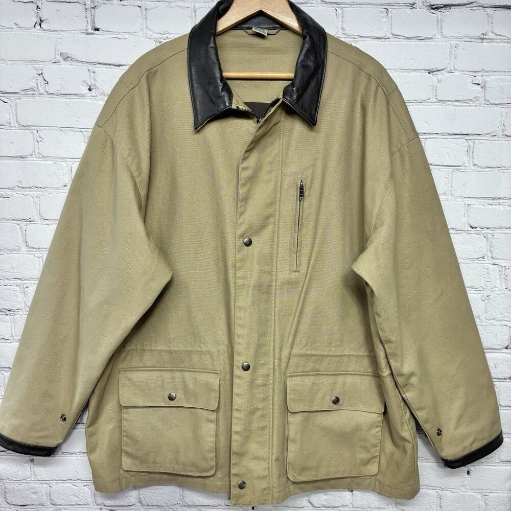 Heavy Tan Canvas Cotton Field Barn Chore Leather Collar Full Zip Pockets Coat L